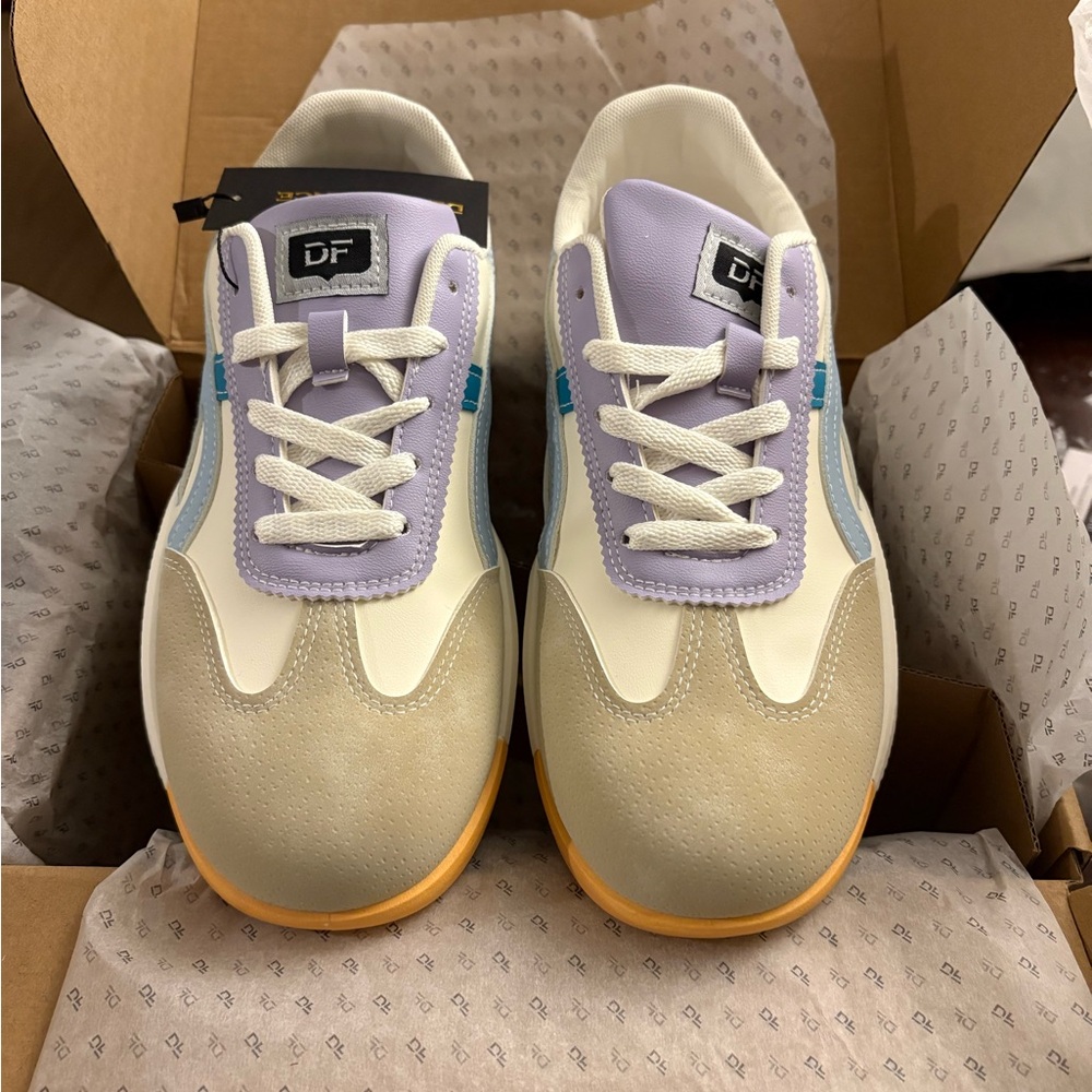 Women's Athletic Shoes - White, Purple, and Tan